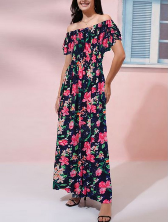 Off-The-Shoulder Floral Print Midi Dress
